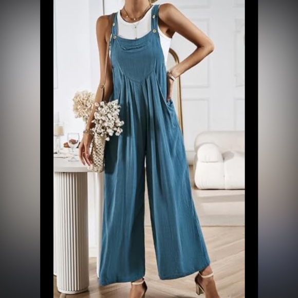 Boutique Womens Blue Teal Wide Leg Overall Jumpsuit Medium NWT - Picture 2 of 9